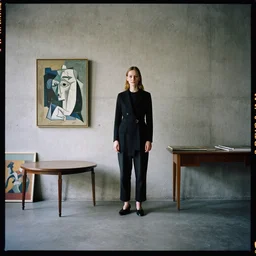 kodak portra 4 0 0, 8 k, wide flashlight shot of a highly detailed, britt marling style, award winning colour still - life portrait of a large minimalistic room with rough concrete walls, a picasso painting, a square wall picture is leaning on the wall, a 1 9 5 0 s table, a 1 9 5 0 s table, some paintings