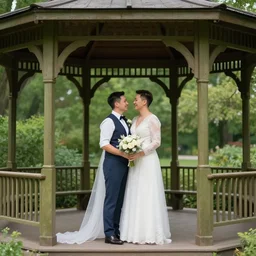 a loving gay couple getting married in a gazebo in centra park, wedding photography, stunning