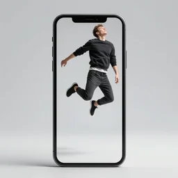 a photo realistic image a person jumping out of a smartphone screen