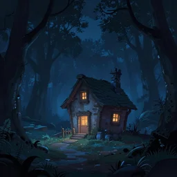cold dark night, alone small house in forest, pixar and disney animation, science fiction, cyberpunk, sharp, disney concept art illustration, dynamic lighting