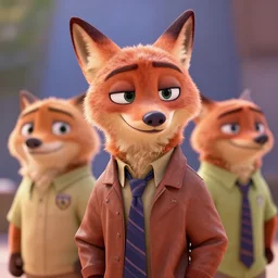 3 d render, anthropomorphic fox, male, in a brown leather maxi jacket, in the style of zootopia, closeup, artstation