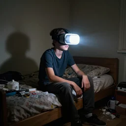 A teenage caucasian boy wearing a VR-headset sitting on his messy bed, the room is very small with a lot of junk laying around. The dim room is lit by a bright light escaping from the VR-headset. dim lighting, award-winning
