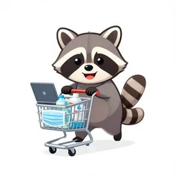 logo of a happy raccoon pushing a grocery cart filled with medical supplies, a laptop and a face mask