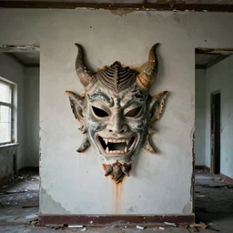 1 9 7 0 s photography, demon face burned on wall in abandoned house