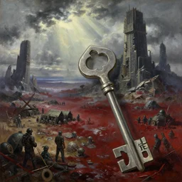 anime key visual of grimdark fantasy landscape, open bloody battlefield plains, military encampments, overcast sky with sunrays between clouds, crumbling ancient skyscrapers, style of jamie wyeth james gilleard edward hopper greg rutkowski acrylic painting, oil on canvas, preserved museum piece, historical