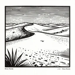 art by brian reedy, a dream like black ink linocut print of a desert with a few cacti here and there, 8 k, frostbite 3 engine, cryengine, dof, trending on artstation, digital art, crepuscular ray