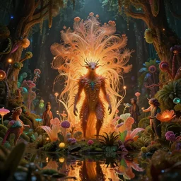creature in a lush trunda candyland vegetation, water reflection, night, backlit, warm tones, bioluminescent : by michal karcz, daniel merriam, victo ngai and guillermo del toro : ornate, dynamic, particulate, intricate, elegant, highly detailed, centered, artstation, smooth, sharp focus, octane render