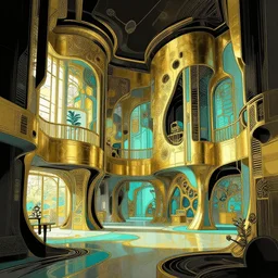 a photo of a concept architecture art house solarpunk indoor, style brutalism, gold and black turquoise ratio, extremely detailed, sharp focus, wide view, smooth, digital illustration, colorfull, by alphonse mucha