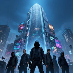 hyperrealistic matte painting of a group of rebellious hackers below a tall and lofty building, myriad of technological ads, graffiti, electronic ads, 8 k resolution, by hugh ferris and noriyoshi ohrai, polished, fine detail, blue color scheme, cyberpunk style, smooth, octane, concept art, trending on artstation