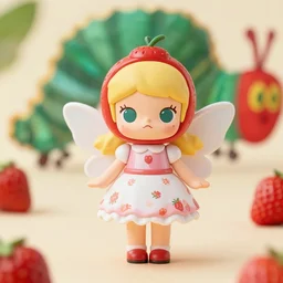 a femo figurine of a cute funny strawberry fairy with a frilly floral dress featured in the very hungry caterpillar, by loish