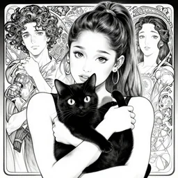 Ariana Grande holding a black cat, highly detailed, black and white, inked, art by Kentaro Miura and Bernie Wrightson and Alphonse Mucha