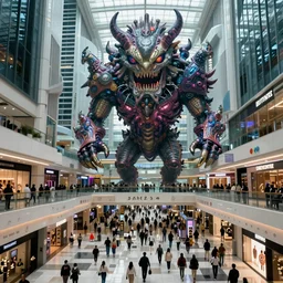 Ominous ariel view news footage of Hibernating Gargantuan, Mastodonic, Inter-Dimensional Behemoth Entity Monster designed by Moebius, GANTZ, H.R. Giger inside Toronto's Eaton Center Downtown Shopping Mall in 2022, directed by James Cameron, denis villeneuve