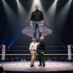 steve jobs standing on top of bill gates, las vegas prize fight, perfect lighting,