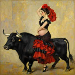 highly detailed painting of pregnant flamenco dancer wearing red flowers riding black bull by tamara de lempicka