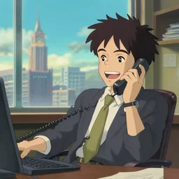 anime of wall street broker sitting in his office laughing on the phone with skyview in background, studio ghibli, makoto shinkai, trending on artstation, 2 d hd, 8 k