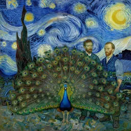 the vision of the universal peacock by james jean, barclay shaw, daniel merriam, moebius and vincent van gogh, symbolist, visionary