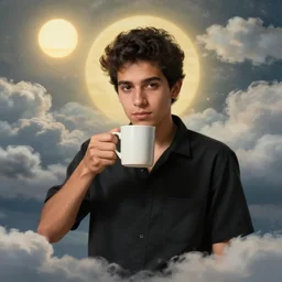 portrait of a ( ( ( una taza de cafe grande ) ) ), ( ( bellaco guapo joven cubano camisa negra ) ), nubes y magia, el sol, concept character, by greg rutowski and chaves and mucha and bierstadt and remington, trending on artstation