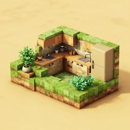 kitchen room made of rectangle tetris, made of moss and oasis, octane render, trending on artstation, on hard desert sand floor