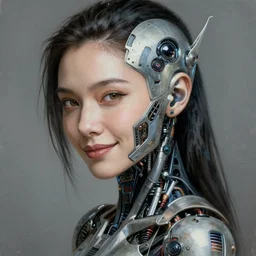 portrait painting of a female japanese cyberpunk android, beautiful, smirk, ultra high detail, intricate detail, alien production design, unreal render, cinematic lighting, 1 9 2 0 art period drama by bussiere rutkowski andreas rocha