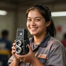 maintenance woman who is high ; dreamy smile on her face, bokeh, graflex