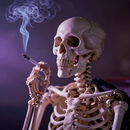 a skeleton smoking a cigarette, soft purple glow, film still, 8k,