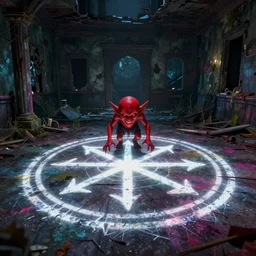 inside a haunted destroyed house, close look at a sigil scribbled on the ground and the sigil shining white, the red goblin is sucked into the sigil and vanished on the ground, trending on artstation, wide view, cinematic view, cinematic, 8 k, digital photo, unreal engine, colored paint, colorful paint, scary style