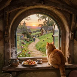 the view from inside a hobbit hole looking out a window into a busy hobbit path, by alan lee, sunset, a fat orange cat is looking out, windowsill loaded with steaming food and teacups, window glass reflecting, intricate, highly detailed terrain, digital painting, artstation, concept art, smooth, sharp focus, illustration, vfx