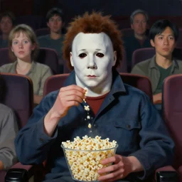 painting of Michael Myers eating popcorn sitting in a row of movie theater seats with other people, sharp focus, face focused, trending on ArtStation, masterpiece, by Greg Rutkowski, by Ross Tran, by Fenghua Zhong, octane, soft render, oil on canvas, moody lighting, high contrast, dark room, cinematic, professional environmental concept art