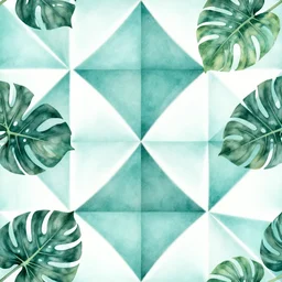 beautiful teal geometric pattern with monstera leaves