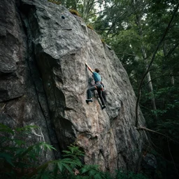 rock climbers climbing a rock, in the forest, plants environment, wide angle, cinematic lighting, atmospheric, realistic, octane render, highly detailed, color graded, in the style of craig mullins