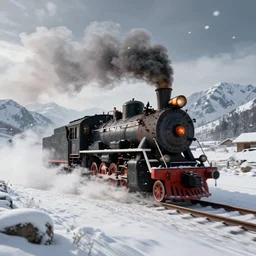 an old steam engine is rushing through the snow storm in high speed, white steam on the side, and dark smoke with fire from the pipes, dynamic angled shot, low angle, wide shot, speed lines, fire particles and snowflakes everywhere, 8k, hyperrealistic, ultra sharp, octane render, unreal engine, light breaks through the sky, epic mountains in the background, artstation, very detailed, 16k, cinematic scenery,