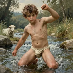 young shepherd by a river, playful, male, muscular, detailed face, thighs!!!! gorgeous, amazing, muscular, intricate, highly detailed, painting by Gaston Bussiere, Craig Mullins