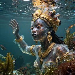 hyperrealistic post - rococo cinematic half underwater scene with fish and algae, very expressive! translucent elegant african goddess getting out of water, gold jewerly, highly detailed face, digital art masterpiece, aykut aydogdu zener, dramatic volumetric light, long shot, low angle uhd 8 k, sharp focus