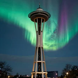 gigantic virgin mary face silhouetted into intense vivid aurora above space needle centered big sky film long exposure fuji wide angle national geographic