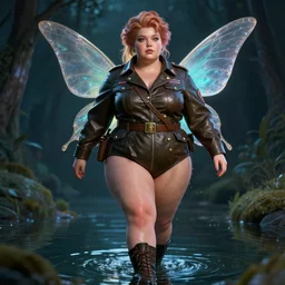 portrait of a plump fairy dressed in military chic leather walking on water, stylised military clothes, shiny skin, beautiful eyes, beautiful, small details, night setting, realistic poster with volumetric light from craig mallism, artgerm, jeremy lipkin and michael garmash, unreal engine, radiant light, detailed and complex environment, digital art, trends at art station, a masterpiece