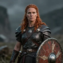 female norse yarl with ginger hair, middle aged, war, viking armour and shield, epic lighting, muscular, portrait, artstation