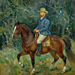 oil painting of a man riding a horse in the woods, painted by vincent van gogh and pablo picasso