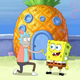 morty from rick and morty and patrick the star from sponge bob cartoon playing in front of sponge bob pineapple house, fantasy cartoon