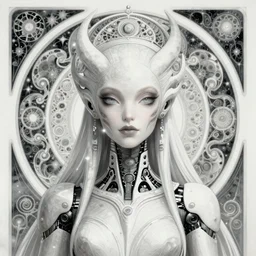 detailed realistic beautiful young cher alien robot as queen of andromeda galaxy portrait, art nouveau, symbolist, visionary, baroque, giant fractal details. horizontal symmetry by zdzisław beksinski, iris van herpen, raymond swanland and alphonse mucha. highly detailed, hyper - real, beautiful