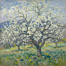an impressionist painting of a blooming orchard by Camille Pissarro