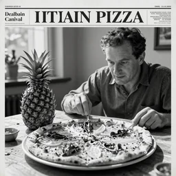 The first italian being forced to watch as pineapple is applied to pizza, historic photo, black and white, newspaper photo