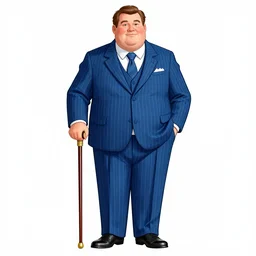 A drawing of an overweight man in a blue pinstripe suit with a fancy cane standing on the bow of a pirate ship, drawn, dungeons and dragons, sketch, art, epic, high-quality