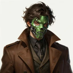 a highly detailed illustration of young thick wavy messy haired guy wearing mechanical green face mask and brown noir coat, dramatic bored expression, intricate, elegant, highly detailed, centered, digital painting, artstation, concept art, smooth, sharp focus, league of legends concept art, wlop