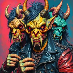 portrait of apocalyptic demonic orcish goblin biker characters, cool poses, psychedelic vibrant colors, futuristic punk rock fashion, oil painting by michael whelan art, sharp focus, realistic, detailed eyes, studded leather jackets