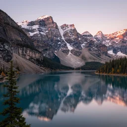 dreamy landscape of autumn canadian rockies, soft sunrise light over the mountain, reflective lake, pine trees, golden hour, soft glow, natural lighting, pastel color scheme, artstation, 4 k, award - winning landscape photography