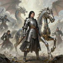 portrait of one full body girl medieval chines armor and one metal horse of light funder fighting dragon valhala dream by gaston bussiere, anna nikonova aka newmilky, greg rutkowski, yoji shinkawa, yoshitaka amano, moebius, donato giancola, geoffroy thoorens, tsutomu nihei, trending on artstation, featured on pixiv, cinematic composition, 8 k