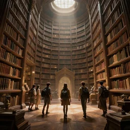 Explorers discover a vast library, fantasy, trending on artstation