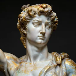 symmetrical close - up woman portrait shiny colourful polished marble intricate statue by michelangelo buonarroti and by gian lorenzo bernini, covered in color paint splashes, partially gold plated, ultra - detailed flash studio photograph