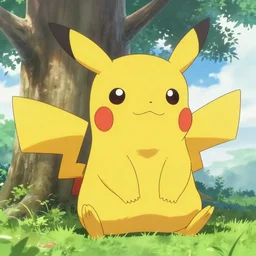 photorealistic Pikachu meets a beautiful smiling photorealistic Pikachu sitting under a tree, anime key visual, digital art, anime screenshot, kyoto animation, makoto shinkai, trending on artstation
