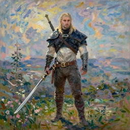 Geralt of Rivia painted in the style of Claude Monet, very detailed